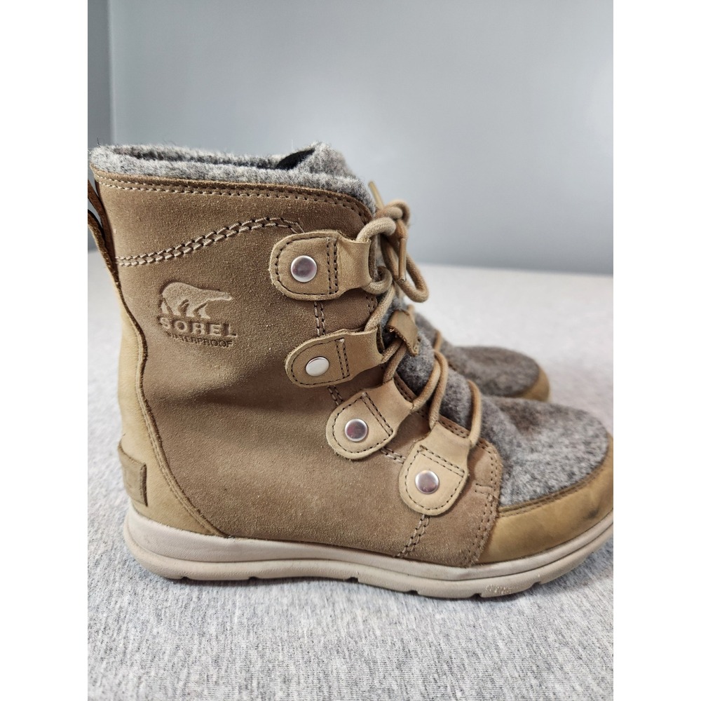 Sorel Explorer Joan Winter Boots Women 6 Khaki Grey Waterproof Suede Felt NL3423